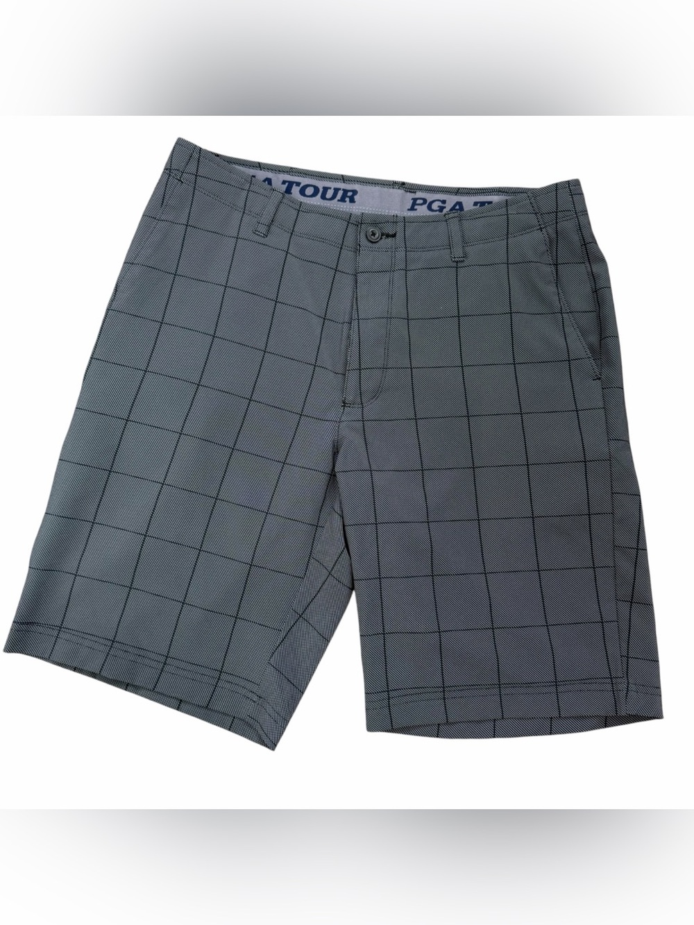 PGA Tour Men's Golf Shorts Size 34 Gray Windowpane Plaid Stretch 9.5 Inch Inseam
